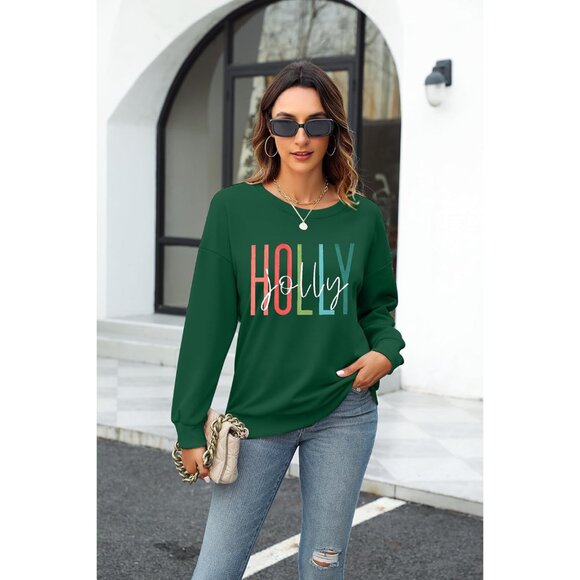 Women Christmas Sweater Cotton Long Sleeve Crewneck Holly Jolly Tree Top - Picture 2 of 5